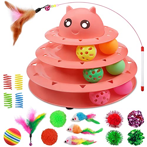 UPSKY 20 PCS Cat Toys - 3-Level Turntable Roller with Balls for Indoor Cats, Kitten Set with Teaser, Mice, Spring, and Various Ball Toys - color: B-20PCS-Red