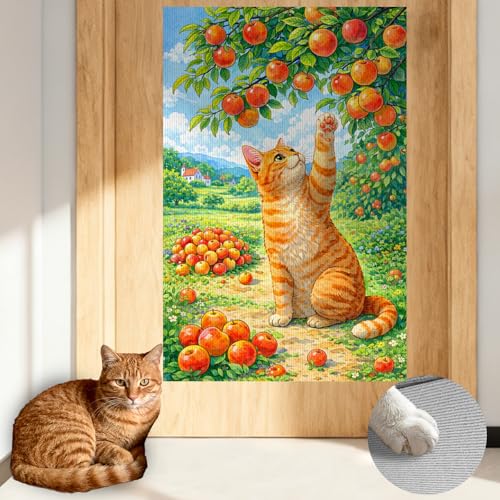 Cat Wall Scratcher 15.3x23.6 Inches Polyester Synthetic Fiber, Orange Cat & Apple Tree Print, wall scratchers for Indoor Cats, Scratch pad, Home Decor, Porch, Garden Room (2pcs) - color: Mi08794-2pcs