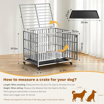 Holiwei 37" Heavy Duty Dog Crate, Escape Proof Stainless Steel Dog Kennel with Top Opening, 4 Lockable Wheels, Easy Clean Metal Dog Cage for Medium-Large/Anxious Dogs - size: 37.0"L x 25.0"W x 30.0"H