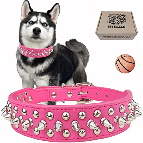 TEEMERRYCA Adjustable PU Leather Spiked Studded Dog Collars with a Squeak Ball Gift for Small Medium Large Pets Like Cats/Pit Bull/Bulldog/Pugs/Husky, Hot Pink, S 10.8"-13.2" - color: HOT PINK, size: S: 10.8"-12.8"(for Puppy)