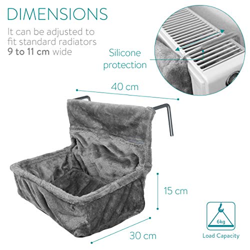 Navaris Cat Radiator Bed - Hanging Plush Basket Hammock with Cushion and Adjustable Metal Frame to Hook onto Radiators - 6kg Maximum Weight - Grey