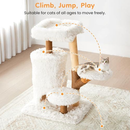 35-Inch Cat Tree for Indoor Cats, Multi-Level Tower with Sisal Posts, Dual Condos, Cushioned Perches & Removable Soft Cover, Natural Wood, Modern Cat Furniture for Large Cats, White - color: White Grey