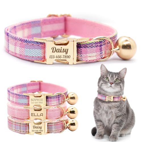 Personalized Plaid Cat Collar with Bell - Non-Breakaway Custom Polyester Kitten Collar with Engraved Name & Phone Number (Pattern 03, S (6.5-10.5 Inches)) - color: Pattern 03, size: S (6.5-10.5 Inches)