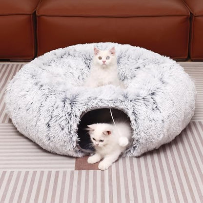 Plush Cat Tunnel with Cat Bed for Indoor Cats, Multifunctional Cat Donut Tunnel for Small Medium Large Cats Kitten Rabbit Puppies (Grey)