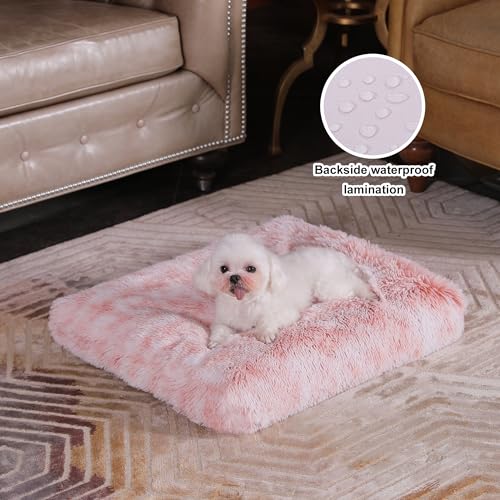 Bedfolks Waterproof Dog Crate Bed, Plush With Removable Washable Cover, Faux Fur Pad for Small Dogs and Cats, Fluffy Kennel 21"x13", Pink - color: Pink, size: X-Small(21x13'')