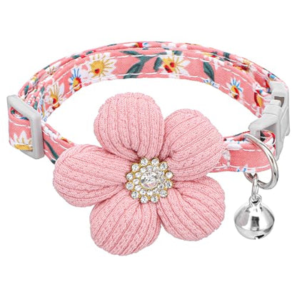 Small Dog Collar with Flower, Puppy Collar for Girl Dog Collars for Small Dogs Cute Collars with Bell, Adjustable Length Neckband (Pink)
