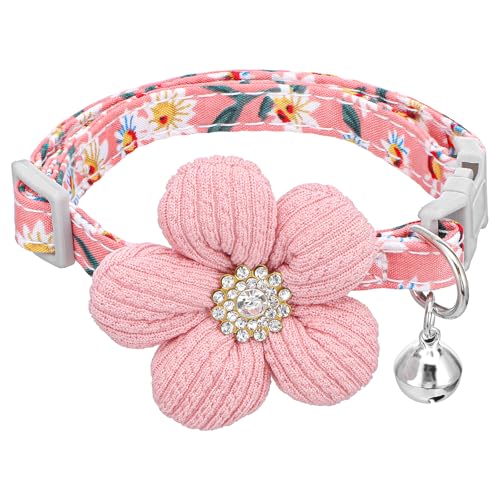Small Dog Collar with Flower, Puppy Collar for Girl Dog Collars for Small Dogs Cute Collars with Bell, Adjustable Length Neckband (Pink)