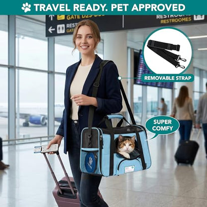 PetAmi Airline Approved Pet Carrier for Cats & Small Dogs, Soft Sided TSA Travel Carrier Bag with Sherpa Bed, Breathable Mesh Ventilation, Collapsible Bowl, Fits Under Seat, Up to 18 lbs, Large Blue - color: Light Blue, size: Large - 19.5"L x 10.2"W x 12"
