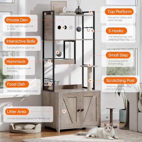 HOOBRO Cat Tree with Litter Box Enclosure, 58.7" H Cat Tower with Hidden Litter Box Furniture, with Scratching Post, Step, Hammock, Multifunctional Pet Furniture with Food Bowls, Greige BG30MZ03G1
