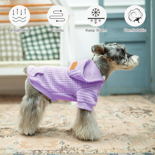 BEAUTYZOO Small Dog Hoodie Sweater with Pockets, Dog Clothes for Small Medium Dogs Boy Girl, Waffle-Like Laminated Cotton Pet Coats with Hat and Leash Hole, Purple S - color: Purple, size: S (Back: 12",Chest: 16", Neck: 10")