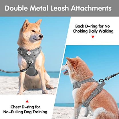 PoyPet No Pull Dog Harness and 5 Feet Leash Set, Release on Neck Reflective Adjustable Pet Vest, Front & Back 2 D-Ring and Soft Padded Pet Harness with Handle for Small to Large Dogs(Grey,M) - color: Grey, size: Medium