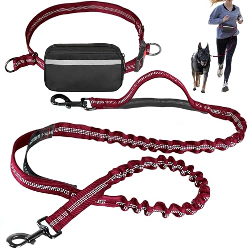 Hands Free Dog Leash with Waist Belt – No-Pull Bungee, Dual Padded Handles & Zipper Pouch for Running, Walking & Training – Adjustable Waist Leash for Large & Medium Dogs (Red) - color: Red