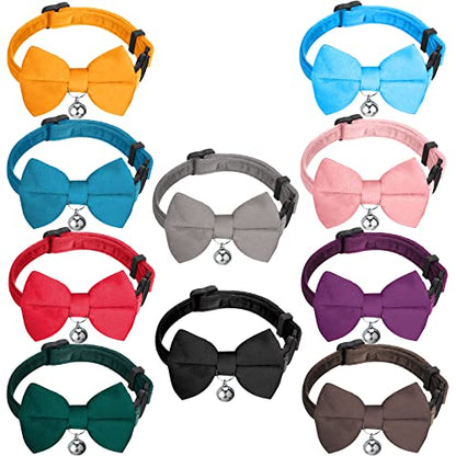 Yahenda 10 Pieces Cat Bowtie Collars with Bell Solid Colors Kitten Bow Breakaway Cat Bowtie for Boys Girls Adjustable Pet Collar with Safety Buckle Kitten Puppy Pet Accessories
