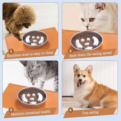 Stainless Steel Slow Feeder Dog Bowls – Non-Slip Metal Dog Bowl for Large & Medium Breeds, Puppy Puzzle Feeder – 2 Cup Capacity for Small to Big Pets – Durable Slow Feed Dog & Cat Food Dish with Mat - color: Face With Mat