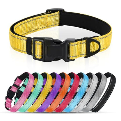 Reflective Dog Collar with Quick Release Buckle - Metal Ring - Adjustable Soft Neoprene Padded Basic Dog Collar for Small Medium Large Dogs (Yellow, Small :Width 1",Neck 11.8-15.7") - color: Yellow, size: Small