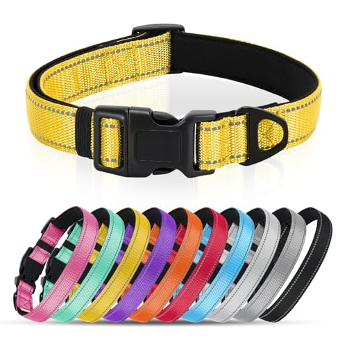 Reflective Dog Collar with Quick Release Buckle - Metal Ring - Adjustable Soft Neoprene Padded Basic Dog Collar for Small Medium Large Dogs (Yellow, Large :Width 1",Neck 15.7-23.6") - color: Yellow, size: Large