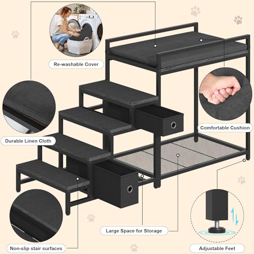 Saudism Pet Bunk Bed with Removable Stairs and 2 Drawers, Dogs/Cats Window Perch, Dog Window Seat with Soft Cushion, Ultra-Shallow Steps, Sturdy Metal Frame, Non-Slip, Load Capacity 60 LBS - color: Black