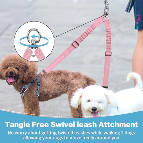 YAODHAOD Double Dog Leash,Two Dog Leash Splitter, No Tangle 360° Swivel Rotation Reflective Lead, Adjustable Length Bungee Heavy Duty Walking Training Dual Extension (Pink) - color: Pink