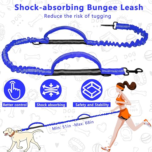 Hands Free Dog Leash with Zipper Pouch, Running Waist Leash for Dog Walking, Adjustable Waist Belt for Large Dogs, Reflective Bungee Design with Two Handle for Hiking, Training, Royal Blue - color: Royal Blue