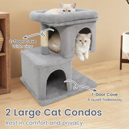 Tangkula Small Cat Tree for Indoor Cats, 25.5 Inch Cat Tower with Sisal Scratching Posts, 2 Large Cat Condos with Padded Top Perch, Modern Cat Climbing Furniture for Adult Cats & Kittens (Light Gray) - color: Light Gray