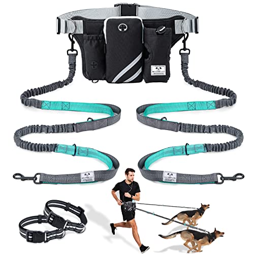 SHINE HAI Retractable Hands Free Dog Leash with Dual Bungees for 2 Dogs, Adjustable Waist Belt Fanny Pack, Reflective Stitching Leash for Running Walking Hiking Jogging Biking Black - color: Blue/Black