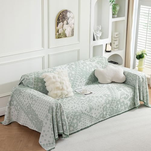 ROOMLIFE Green Couch Covers for Sofa, Sofa Covers Washable Non Slip Furniture Protector Couch Sofa Covers for 3 Cushion Couch, Breathable Sofa Slipcovers Couch Cover Blanket with Tassels 71" X 134" - color: D#green, size: X-Large(71''*134'')