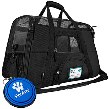 PetAmi Airline Approved Pet Carrier for Cats & Small Dogs, Soft Sided TSA Travel Carrier Bag with Sherpa Bed, Breathable Mesh Ventilation, Collapsible Bowl, Fits Under Seat, Up to 18 lbs, Large Black - color: Black, size: Large - 19.5"L x 10.2"W x 12"H