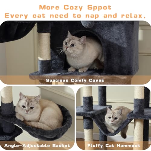 Letkind 70-Inch Cat Tree,Large Cat Tree Tower with Hammock, Scratching Post, Condo and Multi-Level Cat Tower for Large Cats, Cat Activity Center Playhouse, Dark Gray LCT016 - color: Deep Grey