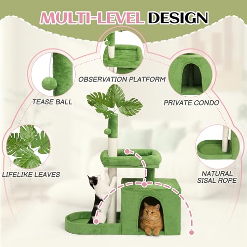Outvita Cat Tree 36in Monstera Cat Tower with Leaves, Multi-Level Cat Tree Tower with Cat Scratching Post, Cozy Cat Condo, Padded Beds, Dangling Ball for Kittens and Indoor Cats, Green - size: 36" Green