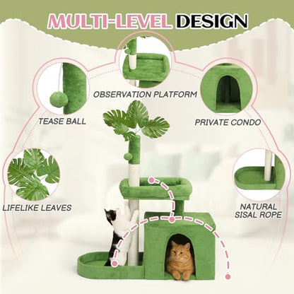 Outvita Cat Tree 36in Monstera Cat Tower with Leaves, Multi-Level Cat Tree Tower with Cat Scratching Post, Cozy Cat Condo, Padded Beds, Dangling Ball for Kittens and Indoor Cats, Green - size: 36" Green