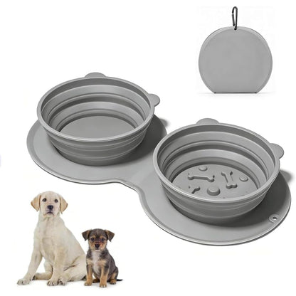 Silicone Collapsible Dog Bowl with Carabiner Clip, 2-in-1 Foldable Double Pet Food & Water Travel Bowl, Portable No-Spill Design for Walking Hiking Camping (Gray)