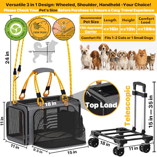 PAWZIDEA Expandable Pet Carrier with Wheels, 18"x11"x11" TSA Airline Approved Cat Carrier for 2 Cats Under Seat, Collapsible Soft-Sided Small Dog Rolling Travel Bag with Telescopic Handle, Up to 18lbs - color: Mid-Hemp Gray-Wheels