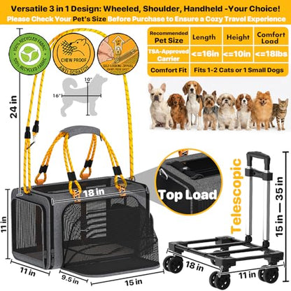 PAWZIDEA Expandable Pet Carrier with Wheels, 18"x11"x11" TSA Airline Approved Cat Carrier for 2 Cats Under Seat, Collapsible Soft-Sided Small Dog Rolling Travel Bag with Telescopic Handle, Up to 18lbs - color: Mid-Hemp Gray-Wheels
