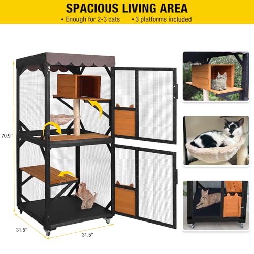 Aivituvin Outdoor Catio Cat Enclosures on Wheels Cat House 70.9" Large Kitty House with Upgraded Resting Box,Waterproof Roof Cover,Brown