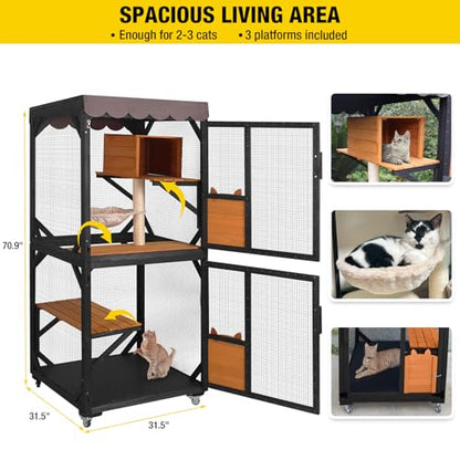Aivituvin Outdoor Catio Cat Enclosures on Wheels Cat House 70.9" Large Kitty House with Upgraded Resting Box,Waterproof Roof Cover,Brown