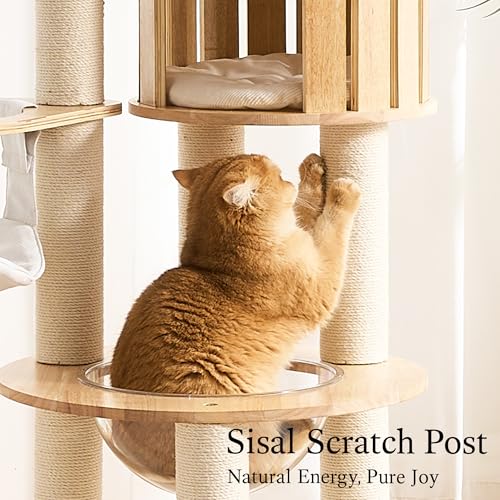 797Audio Wood Modern Cat Tree, 61.5" Cat Tower with Sisal Scratching Posts, Cat Condo, Capsule,Hamnock and Spinner Toy, Solid Wooden Aesthetic Multi-Level Cat Climbing Tree for Adult Indoor Cats-White - color: 62 Inch-Turntable-White