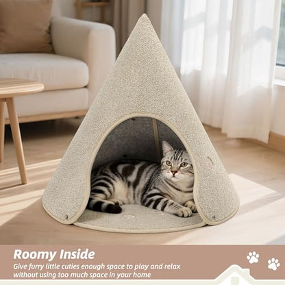 BEQHAUSE Cat Beds for Indoor Cats, Cat Cave Bed with Non-Slip Bottom, Anti-Scratch Cat House Cat Tent for Kittens and Small Dogs, Foldable Kitten Hideaway Machine Washable,22.8 * 22.8 * 20.8in, Beige - color: Beige