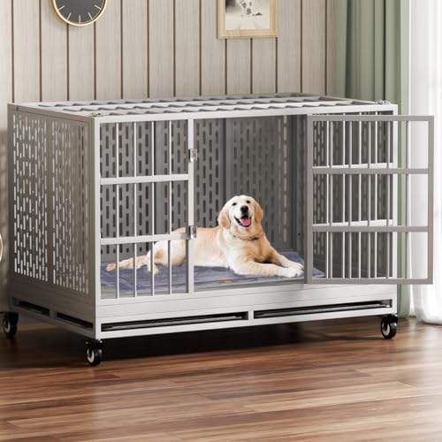 Snuowu 48 Inch Heavy Duty Dog Crate with Wheels, Folding Metal Big Dog Cage for Large and Medium Dogs, Extra Large XL XXL Indestructible Dog Crate with Removable Tray. - size: 48-Inch Silver （Fold）