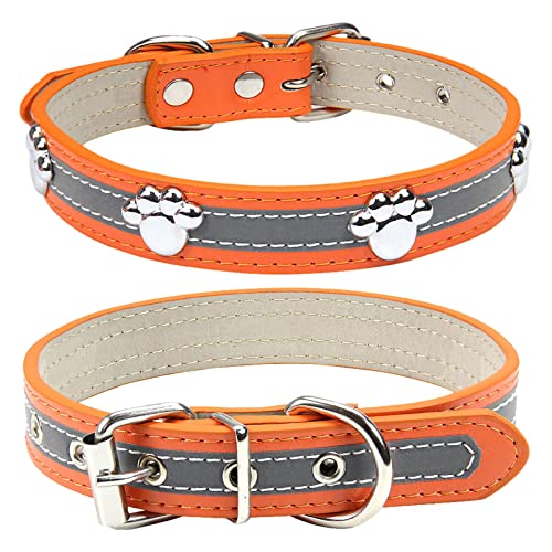 PETCARE Reflective Dog Collar with Cute Paw Rivet Studded Funny Soft PU Leather Adjustable Puppy Dog Collars for Small Medium Large Dogs Cats (Orange,Medium) - color: Orange, size: M( Neck 10.23"-12.59")