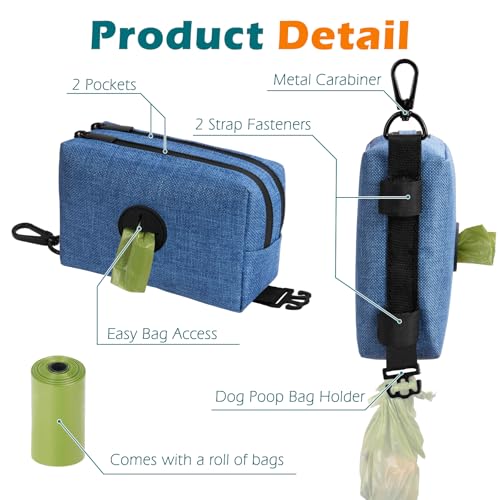 Dog Poop Bag Holder, Portable Pet Waste Bag Dispenser, 2 Pouches for Treats and Walking Accessories, Fit All Leashes, Includes 1 Roll of Dog Poop Bags (Blue) - color: Blue