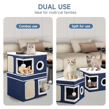 Shikha 2-Storey Cat Houses for Indoor Cats, Dual-Purpose Double Large Cat Beds Cave with Hideaway Condos, Scratch Pads, Fluffy Balls, Foldable Indoor Cat Cube House for Multi Small Pets Kitten, Blue - style: Blue