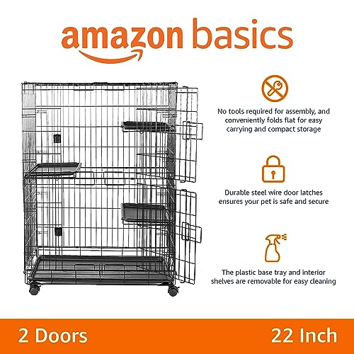 Amazon Basics Large 3-Tier Cat Cage Playpen with Easy to Clean Removable Tray, Front Doors, Portable, Foldable, 35.8" x 22.4" x 50.6", Black