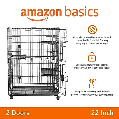 Amazon Basics Large 3-Tier Cat Cage Playpen with Easy to Clean Removable Tray, Front Doors, Portable, Foldable, 35.8" x 22.4" x 50.6", Black