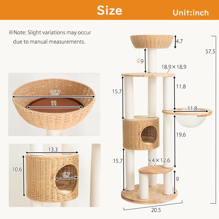 Wood Cat Tree for Large Cat, 57-Inch Tall Cat Tower with Scratching Post for Indoor Cats, Multi-Level Cat Condo with Hand-Woven Cat Bed and Acrylic Bowl Easy to Clean (Cream Y909S) - color: Nature Y909s