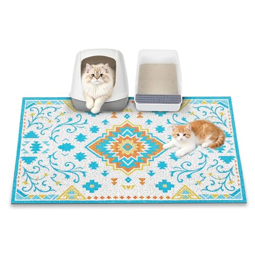 Cat Litter Mat, 35" x 23" Litter Box mat, Traps 100% Litter, Non-Slip Kitty Litter Trapping mats, Large Cute Litter mat, Easy Clean for Scatter Control, Bohe cat Food mat, Urine Waterproof - color: Blue Planet, size: Large（35"x23"）