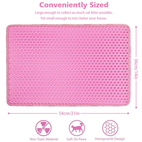 Cat Litter Mat, 21 x 14 Inches Large Honeycomb Double Layer Cat Litter Trapping Mat, Non Slip Waterproof Urine Proof Cat Litter Box Mat, Kitten Supplies and Essentials, Pink - color: Pink