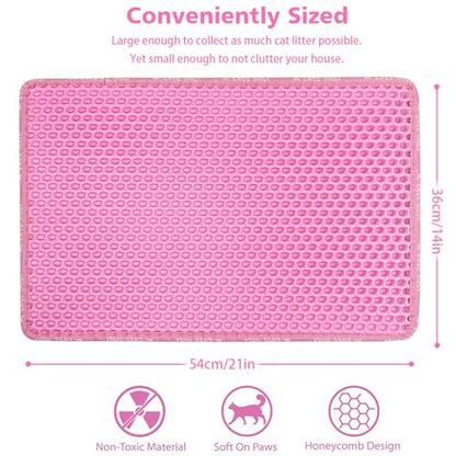 Cat Litter Mat, 21 x 14 Inches Large Honeycomb Double Layer Cat Litter Trapping Mat, Non Slip Waterproof Urine Proof Cat Litter Box Mat, Kitten Supplies and Essentials, Pink - color: Pink