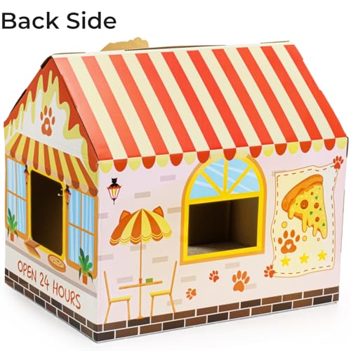 Tlence 2 Pack Cardboard Cat Houses with Scratcher, 16.5''x12.25''x15'' Cat Hideaway Playhouse, Kitty Scratching Beds for Indoor Cats, Pizza Shop Cat Furniture Condo Cave Tent for Bunny Small Animals