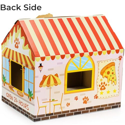 Tlence 2 Pack Cardboard Cat Houses with Scratcher, 16.5''x12.25''x15'' Cat Hideaway Playhouse, Kitty Scratching Beds for Indoor Cats, Pizza Shop Cat Furniture Condo Cave Tent for Bunny Small Animals
