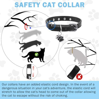 SCENEREAL Leather Cat Collar with Bell and Rivet, Personalized Stud Pet Collars with Safety Elastic Belt and Cute Paw Charm, Adjustable Soft Kitten Puppy Accessories for Boys Girls Cats, Black - color: Black
